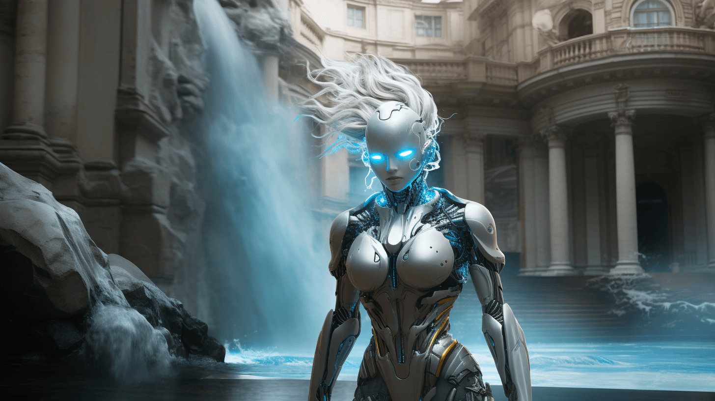 Female Robot in front of Trevi fountain