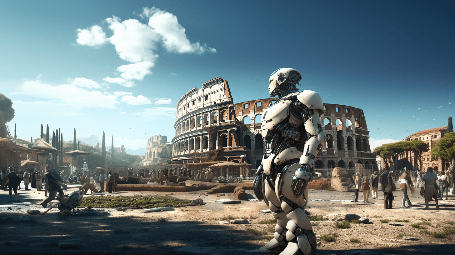 Male Robot in front of Colosseum